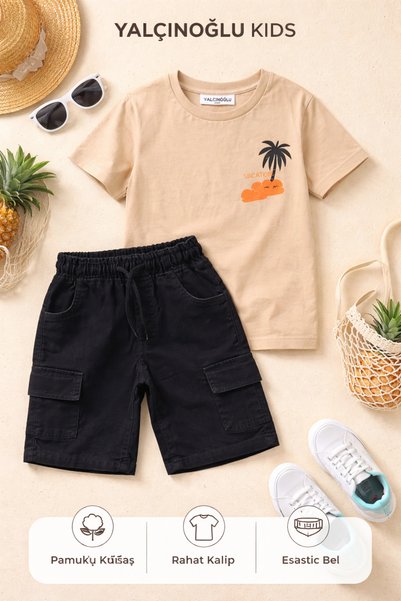 Yalçınoğlu Kids Boy's Denim Shorts Set Single Jersey Combed Cotton T-Shirt Summer Two-Piece Set White Beige Khaki I 4-12 Years Old I