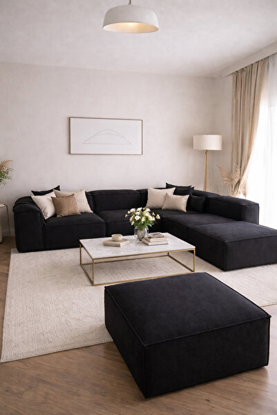 Haliloğlu Relax Soft 6 Modül Köşe Takımı (Siyah) Keten 900, (2 Köşe, 2 Orta, ...