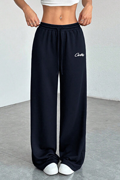 THE RULE Corteiz Printed Navy Blue Wide Leg Summer Baggy 3 Thread Flexible Co...