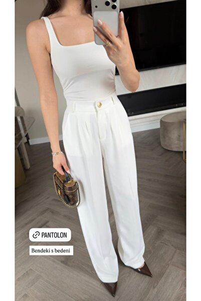 nidistore White Pleated Palazzo Trousers with Elastic Back