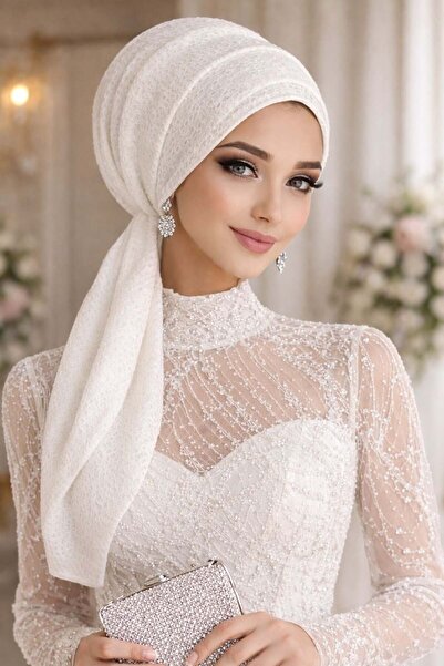 Aişe tesettür Λευκό βραδινό φόρεμα από δαντέλα με κασκόλ