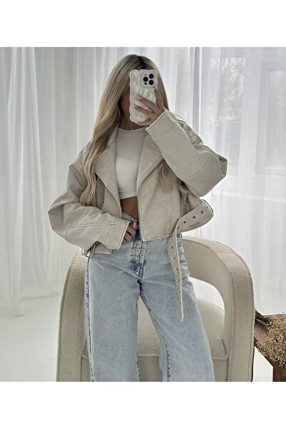 Ekim Store Μπεζ δερμάτινο μπουφάν με ζώνη, oversized, cropped