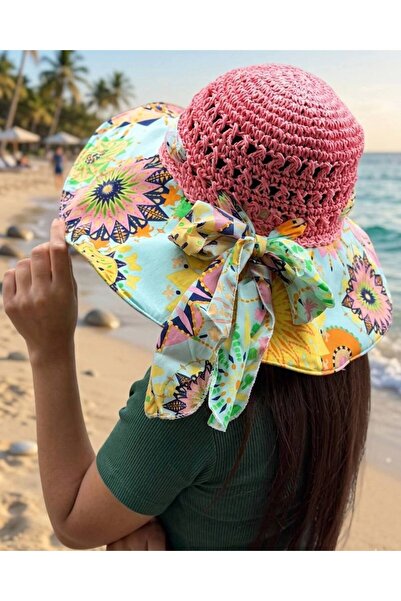 MD Moda Accessories قبعة صيفية واسعة الحواف بتفاصيل من القش الوردي ونقوش عرقي...