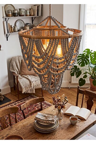 Lessio Home Doğal Rattan El Örmesi Gri Ahşap Boncuklu Avize - İskandinav & Bo...