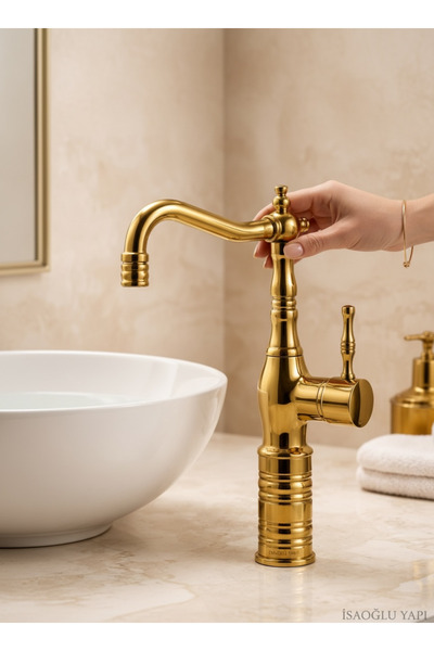 İSAOĞLU YAPI Parlak Gold Retro Çanak Lavabo Armatür Gold Altın Yüksek Model B...