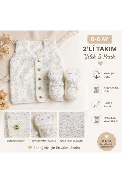 MODA ÇEYİZCİ ANNE 0-6 Ay Bebek Yelek Patik Takımı El Örgüsü 2’li Set Yenidoğa...