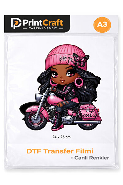 Palo Santo 24x25 cm Pembe Motosikletli Kız Modeli Ütü ile Yapışan DTF Transfe...