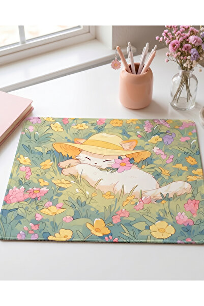 matizya Çiçek Bahçesinde Şapkalı Kedi Desenli Mousepad | Pastel & Kawaii Tasarım