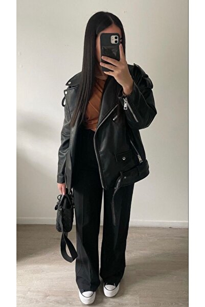 Ekim Store Δερμάτινο μπουφάν με μακριά ζώνη και oversized εφαρμογή