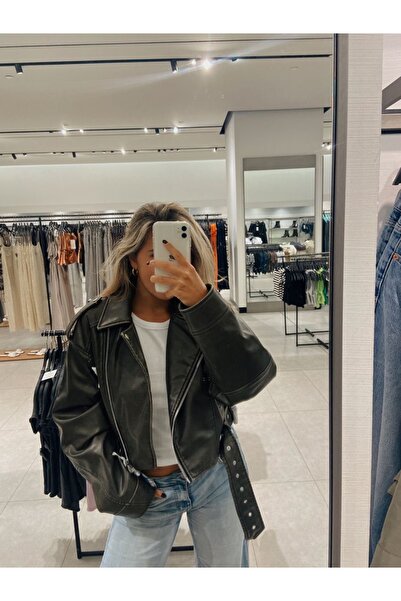 Ekim Store Oversize Crop Μαύρο Δερμάτινο Μπουφάν με Ζώνη