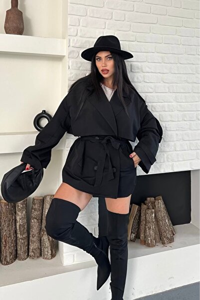 gm giyimarket Νέα σεζόν Γυναικεία κοντή καμπαρντίνα με λεπτομέρεια ζώνης, κου...