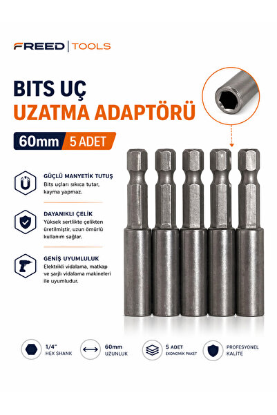 FREED TOOLS 5 Adet Bits Uç Uzatma Adaptörü 60 mm Manyetik Vidalama Matkap Ucu...