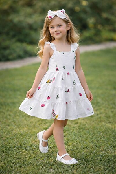 Yalçınoğlu Kids Σετ φορέματος για κορίτσια από λινό ύφασμα 2 τεμαχίων με πόρπ...