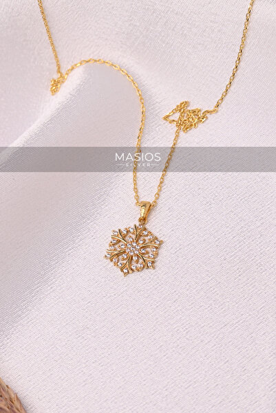 Masios Silver Zirkon Taşlı Gold Renk Işıltılı Kar Tanesi 925 Ayar Gümüş Kolye