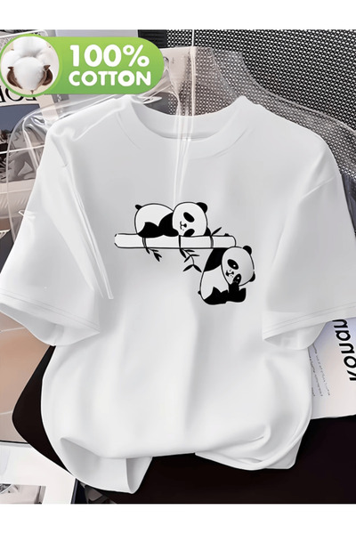 gencerco 2 Cute Panda Printed Premium Oversize T-Shirts