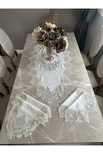 Annalisa Σετ σαλονιού Solit 5 τεμαχίων από λινό γαλλικό δαντελωτό ύφασμα χωρί...