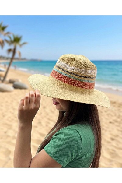MD Moda Accessories قبعة صيفية ذات حافة عريضة من القش الطبيعي مع تفاصيل شريطي...