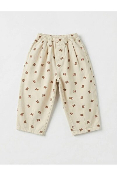 Mono Kids Unisex Çocuk Pamuklu Ekru Ayıcık Desenli Ballon Jeans