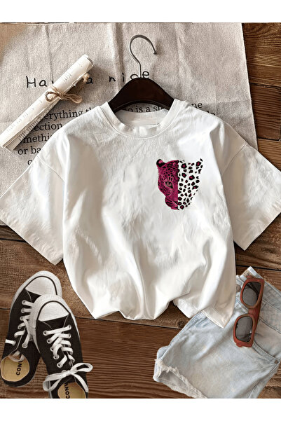 gencerco Pink Leopard Patterned Tiger Printed Premium Oversize T-Shirt