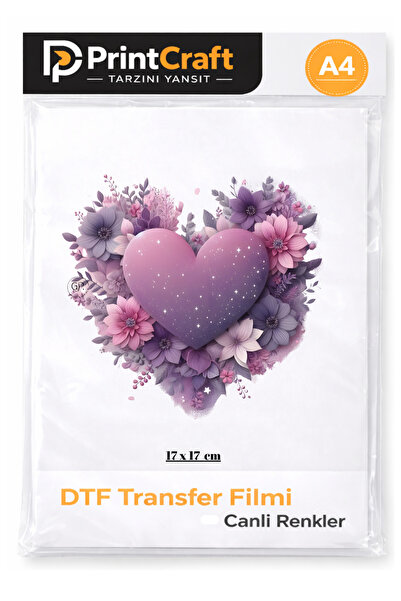 Palo Santo 17x17 cm Mor Çiçekli Kalp Modeli Ütü ile Yapışan DTF Transfer Bask...