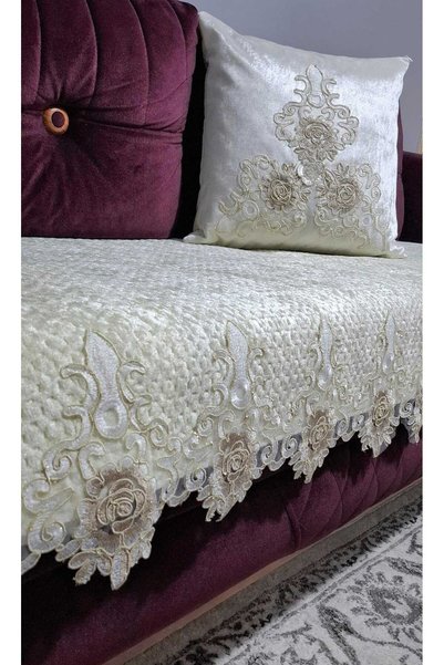 DAHABELLA LUXE HOME Luxury Seersucker Velvet French Laced Sofa Cover (Living Area Only) Non-Slip Base 85X210