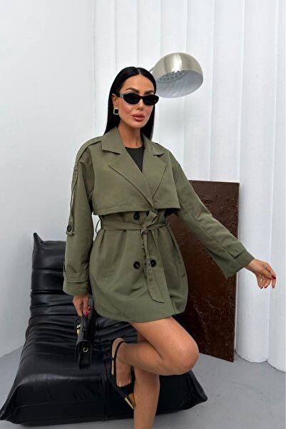 gm giyimarket Νέα σεζόν Γυναικεία κοντή καμπαρντίνα με λεπτομέρεια ζώνης, κου...