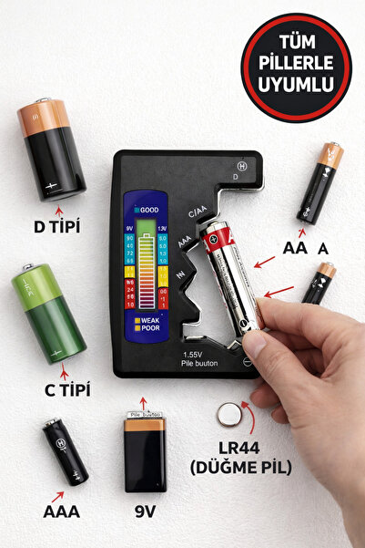 MEDUSHOP Evrensel Pil Test Cihazı AA AAA C D 9V Pil Ölçer Mini Pil Seviye Ölç...