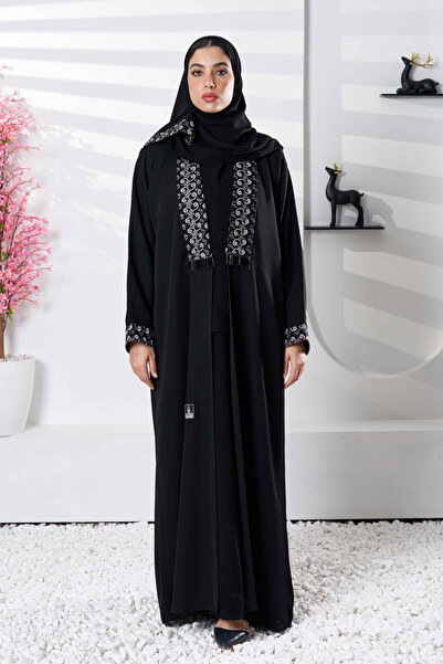 Hasnaa Abaya عباية سوداء فاخرة بتدخيلات تطريز وهدب كرستال