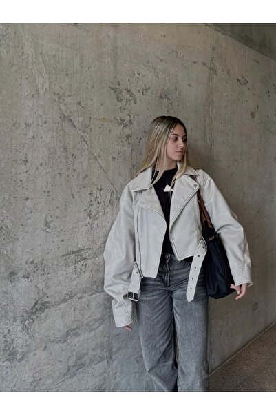 Ekim Store Λευκό δερμάτινο μπουφάν με ζώνη, oversized και κοντό σχέδιο