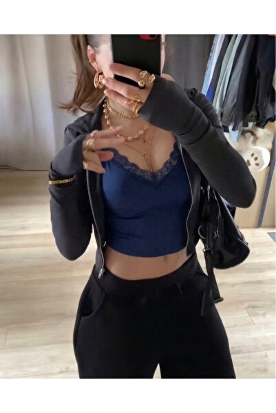 Touz Moda Δαντελένιο Μαύρο Νυχτερινό Κροπ Τοπ με Κορδόνια