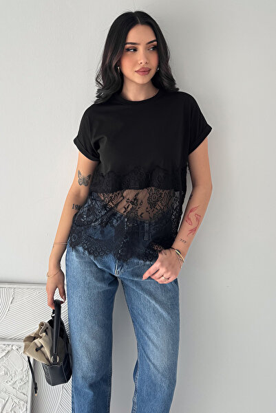 Noa&Noa Women's Lace Detailed T-Shirt – Short Sleeve Stylish Basic