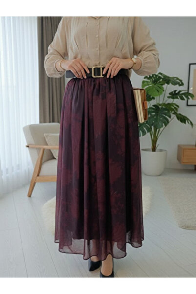 Midlora Bordo Desenli Şifon Uzun Etek (Kemerli)