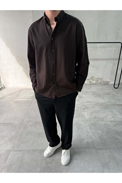 DIFRANSEL JEANS قميص قطني كتان مريح بلون القهوة