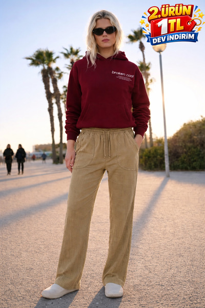 DAMGA JEANS Γυναικείο λινό παντελόνι σε μπεζ χρώμα με ελαστική μέση και ψηλόμ...