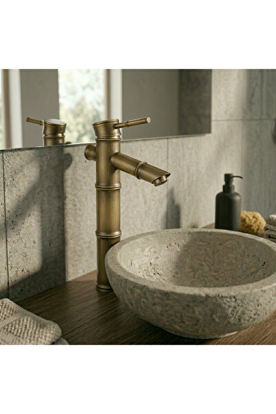 RALKEN Antik Eskitme Çanak Lavabo Bataryası - %100 Pirinç Lüx Yüksek Bambu Ça...