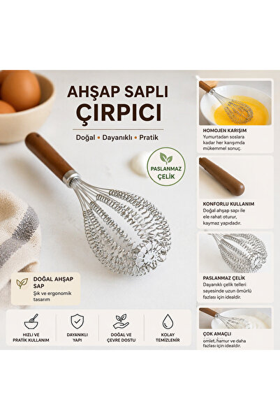 AKSOY HOMESTYLE Ahşap Saplı Paslanmaz Çelik Çırpıcı