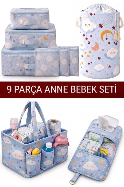 MorOflan 9 Parça Anne Bebek Seti - Çamaşır Sepeti, Bebek Çantası, Alt Açma Ça...