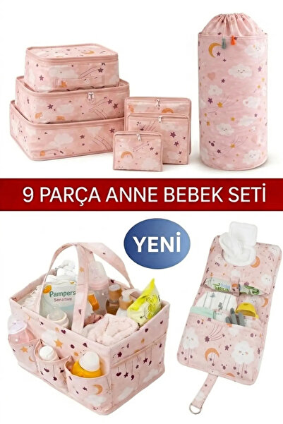 Lüx 9 Parça Anne Bebek Seti - Çamaşır Sepeti, Bebek Çantası, Alt Açma Çantası, 6'lı Valiz Organizeri
