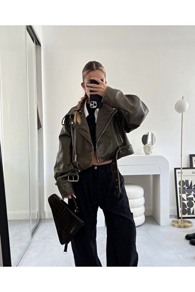 Ekim Store Χακί Δερμάτινο Μπουφάν Oversize με Ζώνη