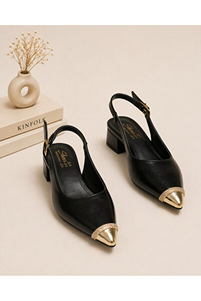 MİLOS Footwear Nova Gold Toe Detailed Pointed Toe Open Back Women's Low Heel ...