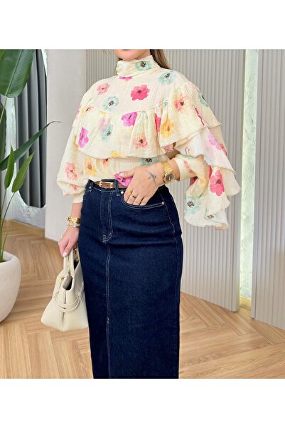 Lavanta Tekstil Μπλούζα Prewe με φλοράλ σχέδιο και βολάν