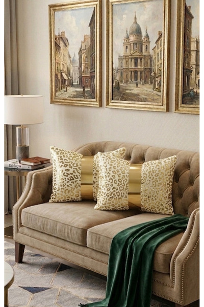 DAHABELLA LUXE HOME Papyon Model Gold Printed Rabbit Feather Velvet Cushion C...