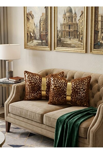 DAHABELLA LUXE HOME Papyon Model Gold Printed Rabbit Feather Velvet Cushion C...
