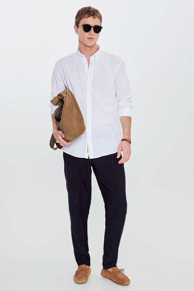 ALTINYILDIZ CLASSICS Ανδρικό λευκό βαμβακερό λινό πουκάμισο Comfort Fit με γι...