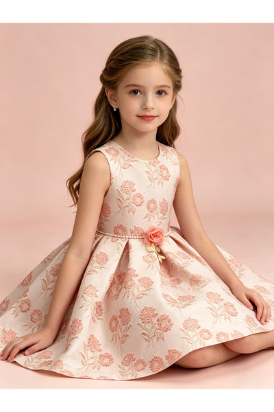 Greneric Blush Pink Girl Princess Dress with Floral Jacquard & Pearl Waistband