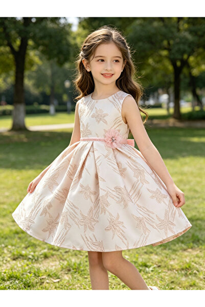 Greneric Blush Pink Girl Princess Dress with Floral Jacquard & Flower Accent