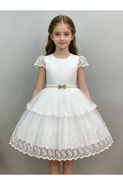 Greneric White Girl First Communion Dress with Lace Cap Sleeves & Tiered Tull...