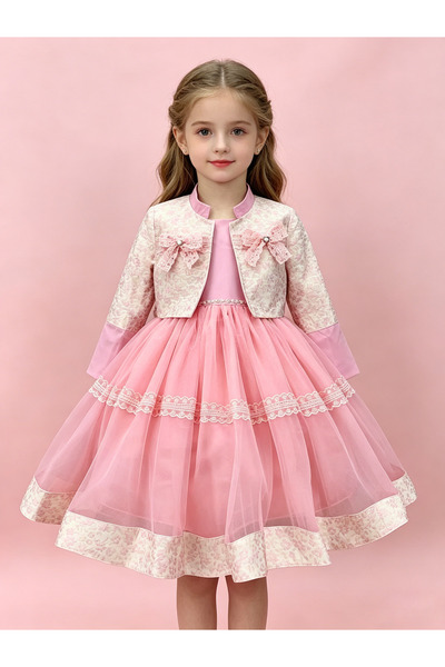 Greneric Pink Toddler & Girl Princess Dress with Floral Jacket & Lace Trim