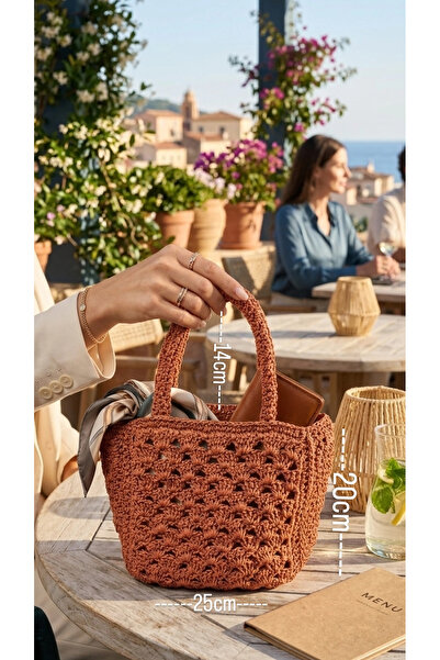 Zümrüdüanka Handmade El örmesi Tarçın rengi kagit ipden yapilma astarli çıt ç...