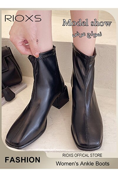 RIOXS Women's Ankle Boots, Mid Heel Square Toe Boots, Women Patent Leather Bo...